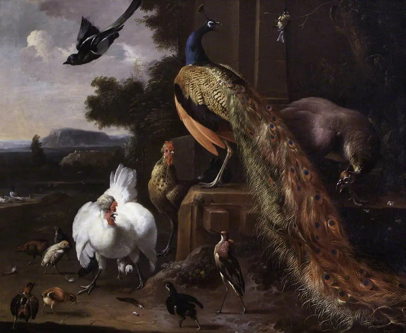 Pfauen und Geflügel aus dem Bauernhof mit einer Elster in einer Landschaft - Melchior de Hondecoeter