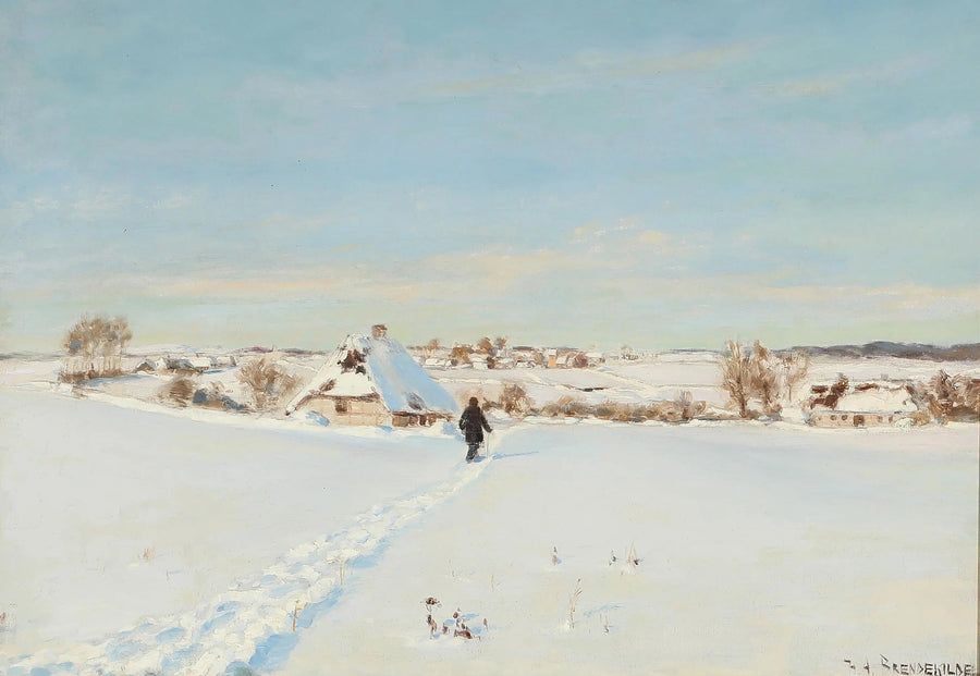 An einem schönen Wintertag geht ein Mann zu einer Farm. - H. A. Brendekilde