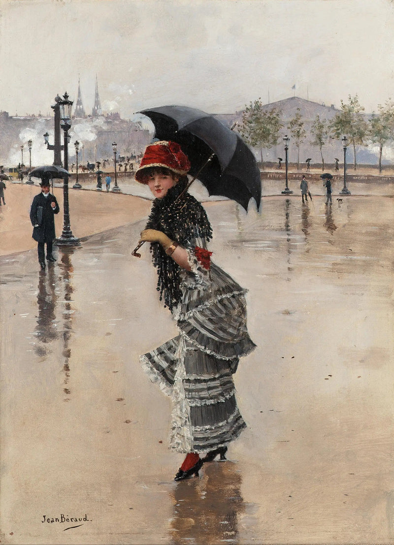 Pariserin an einem Regentag, Place de la Concorde - Jean Béroud