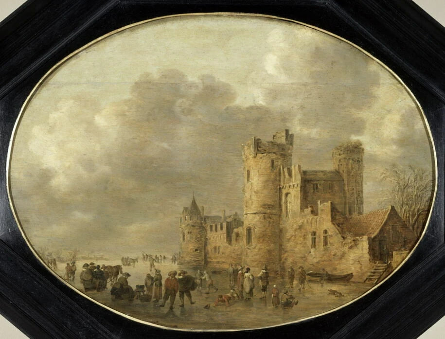 Patineurs devant un château médiéval - Jan van Goyen