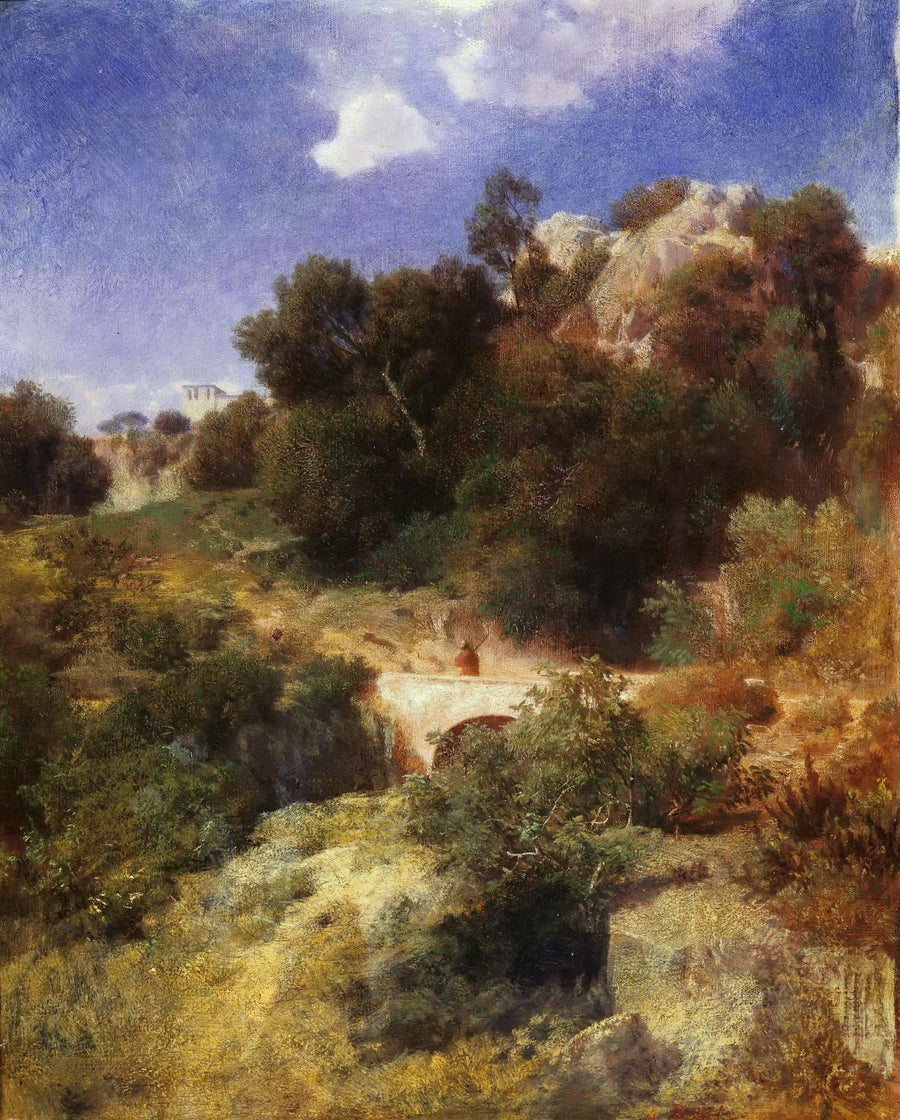 Hügeliges felsiges Land mit Brücke - Arnold Böcklin