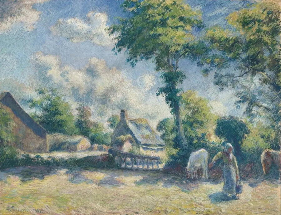 Landschaft in Melleray, Frau, die Pferde tränkt - Camille Pissarro