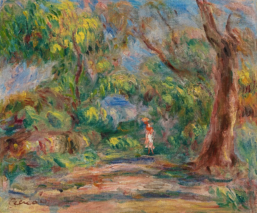 Landschaft, Bauernhofallee mit Frau in Rot und Weiß - Pierre-Auguste Renoir