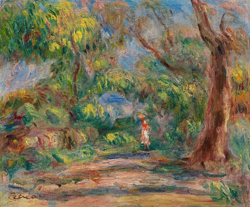 Landschaft, Bauernhofallee mit Frau in Rot und Weiß - Pierre-Auguste Renoir