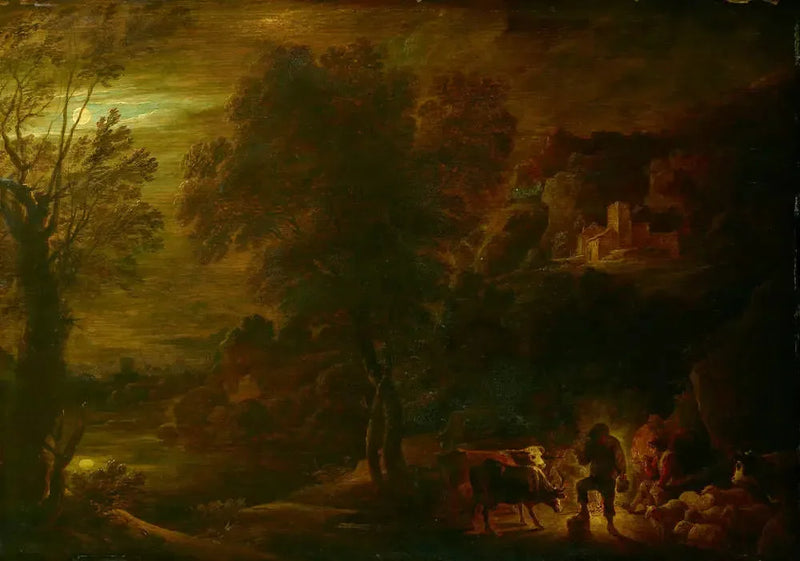 Landschaft bei Mondschein mit Hirten am Feuer - David Teniers der Jüngere