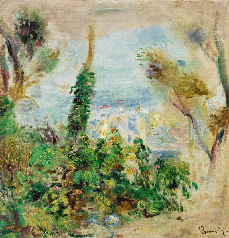 Landschaft, im Vordergrund kletternde Blumen, im Hintergrund Häuser - Pierre-Auguste Renoir