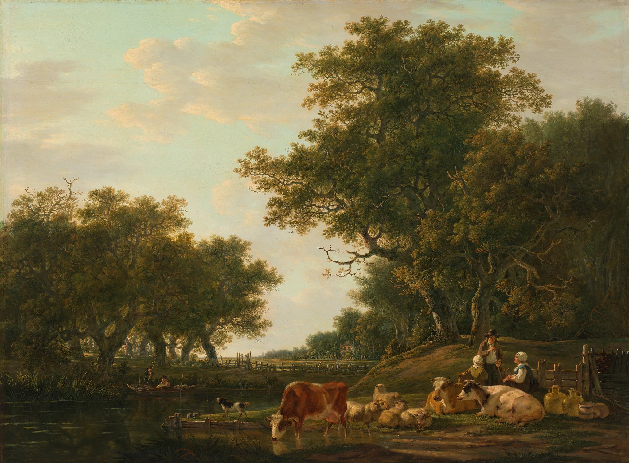 Paysage avec des agriculteurs avec leur bétail et des pêcheurs sur l'eau - Jacob van Strij