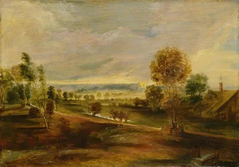 Landschaft mit landwirtschaftlichen Gebäuden bei Sonnenuntergang - Peter Paul Rubens