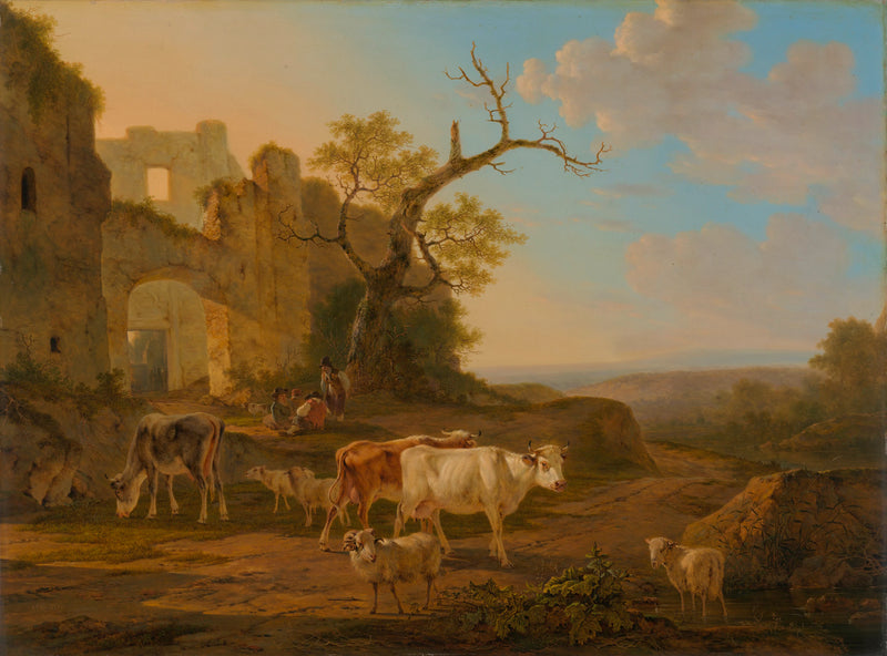 Paysage avec du bétail près d'une ruine - Jacob van Strij