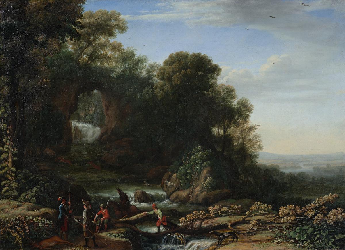 Landschaft mit Wasserfall und Jägern - Claude Lorrain