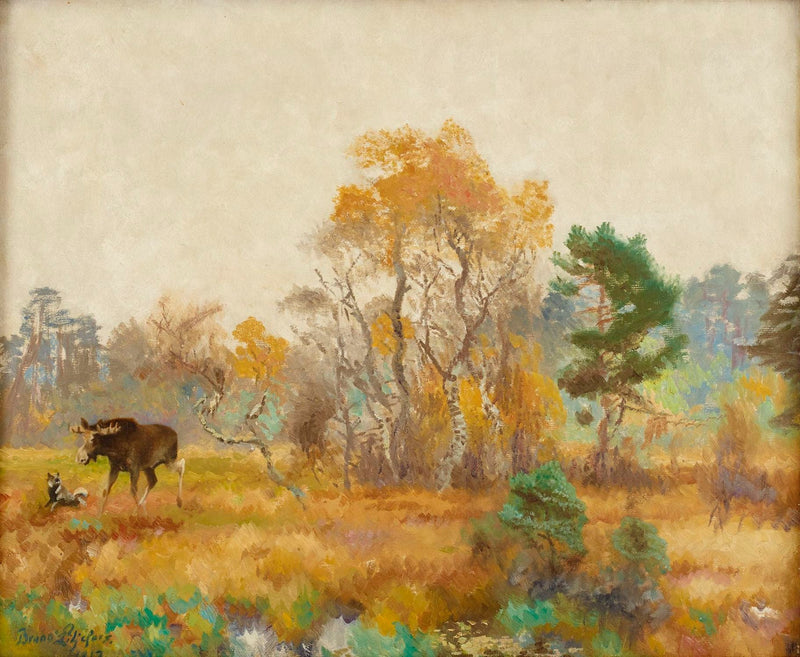 Landschaft mit Elchen (Alces alces) und einem norwegischen Elchhund - Bruno Liljefors