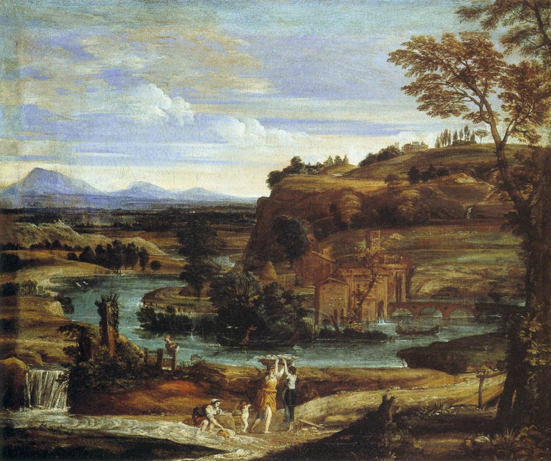 Landschaft mit Wäscherinnen und einem Kind, das Wein verschüttet - Domenichino