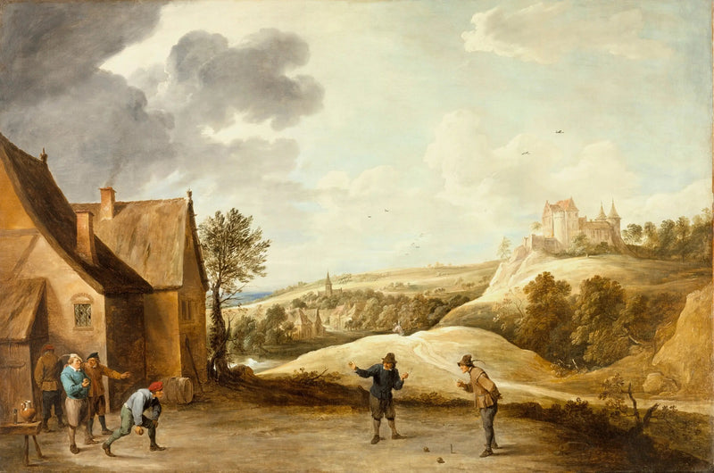 Landschaft mit Bauern, die vor einer Gaststätte Boule spielen - David Teniers der Jüngere