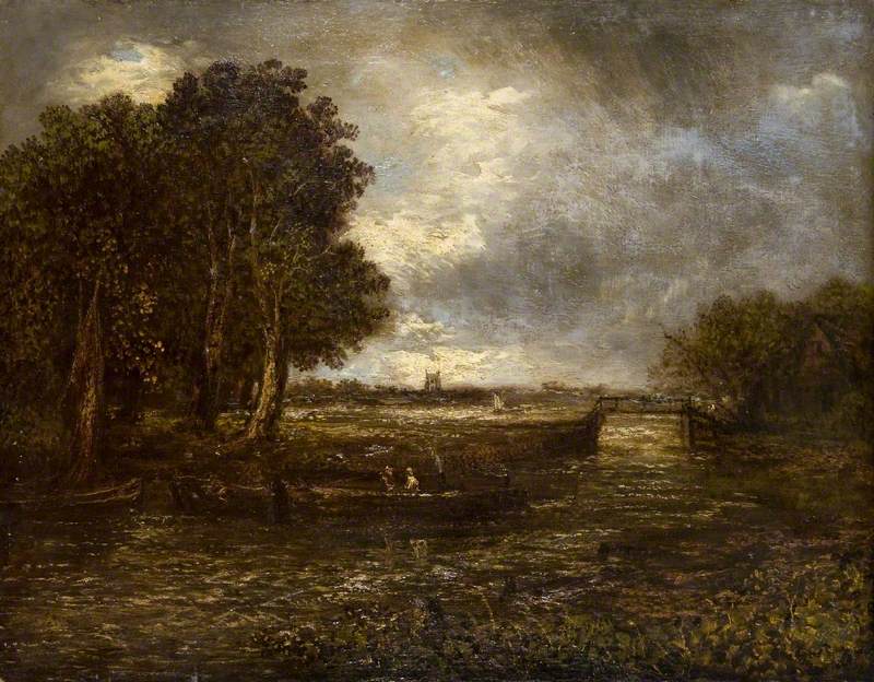Landschaft mit Kähnen auf einem Fluss - John Constable