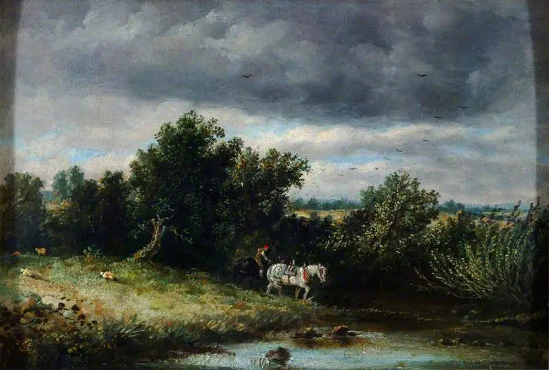 Landschaft mit zwei Pferden und einem Bach - John Constable
