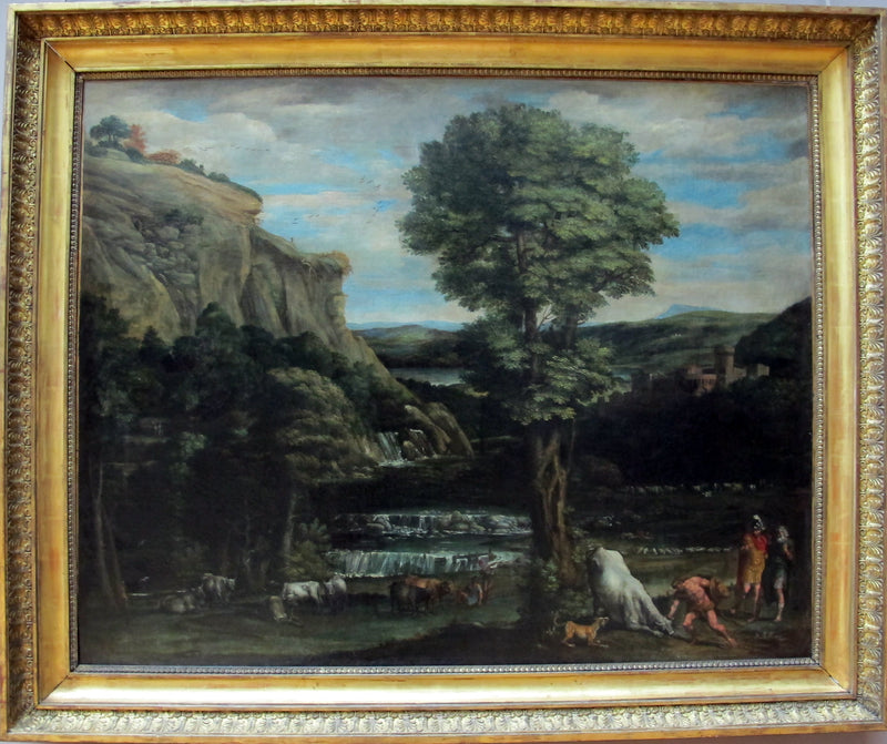 Landschaft mit Herkules, der Acheloüs im Kampf in einen Stier verwandelte - Domenichino