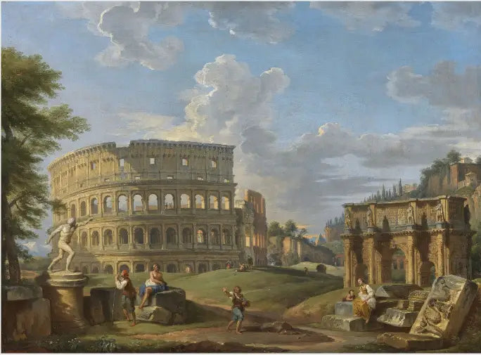 Landschaft mit dem Kolosseum und dem Konstantinsbogen, Rom - Giovanni Paolo Panini