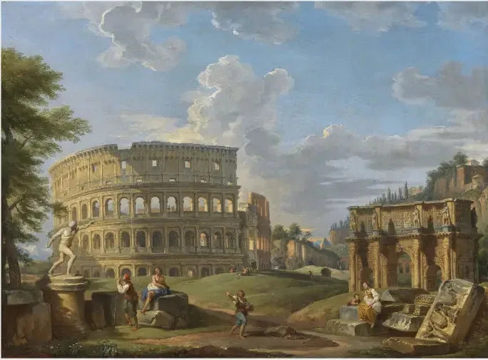 Landschaft mit dem Kolosseum und dem Konstantinsbogen, Rom - Giovanni Paolo Panini