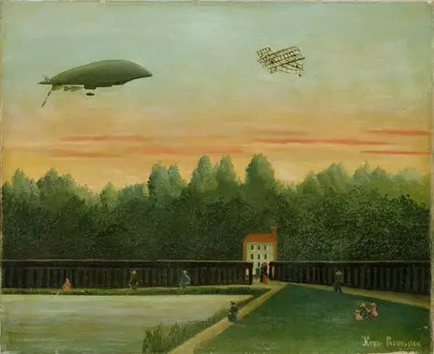 Landschaft mit der Luftschiff-Republik und einem Wright-Flugzeug - Henri Rousseau