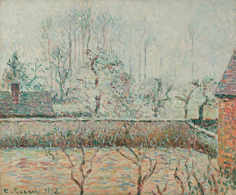 Landschaft mit Häusern und Mauer, Nebel und Frost, Éragny - Camille Pissarro