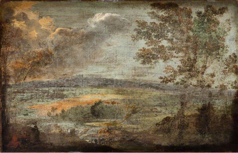 Paysage avec personnages au bord d'une rivière - Annibale Carracci image 1 tableau peint à l’huile sur toile