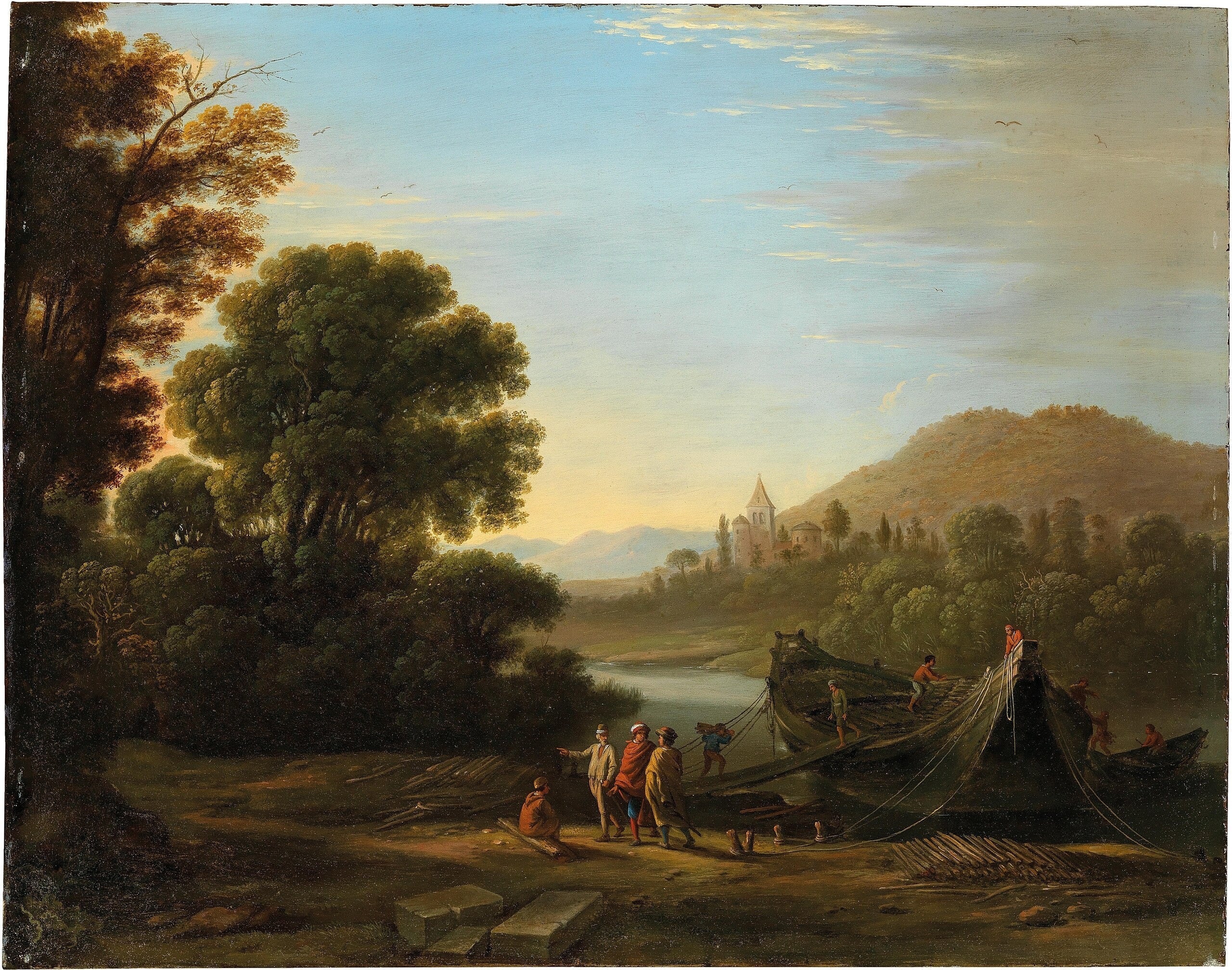 Landschaft mit Figuren, die Holz auf ein Boot laden - Claude Lorrain
