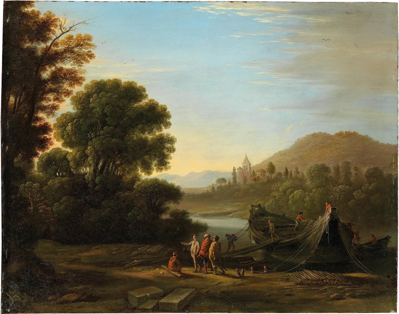 Landschaft mit Figuren, die Holz auf ein Boot laden - Claude Lorrain