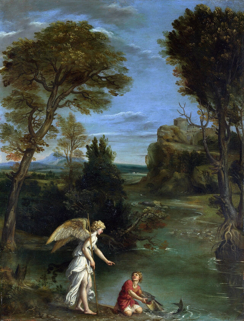 Landschaft mit Tobias, der den Fisch fängt - Domenichino