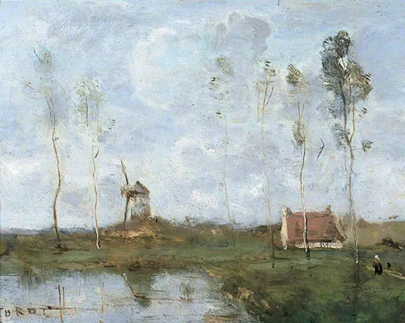 Landschaft mit einer Hütte und einem Windmühle - Jean-Baptiste Camille Corot