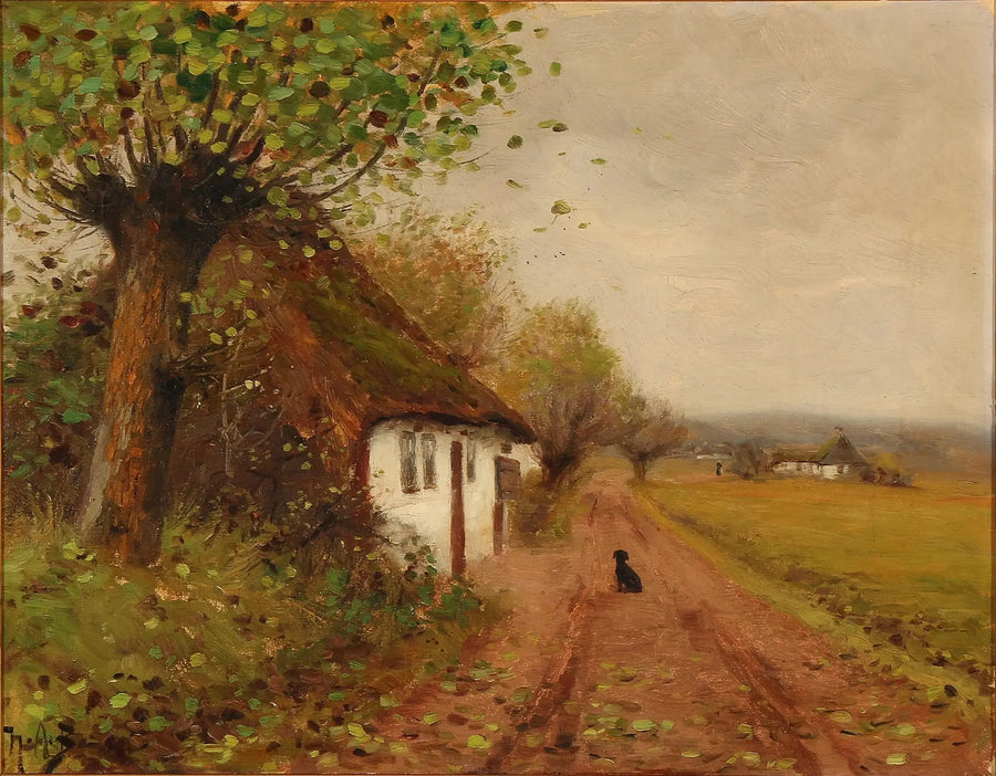 Landschaft mit einem Hund, der auf einer Landstraße wartet - H. A. Brendekilde