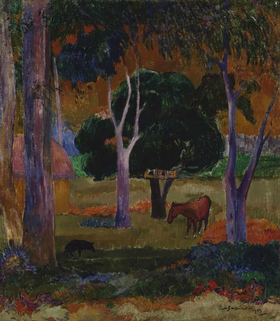 Landschaft mit einem Schwein und einem Pferd - Paul Gauguin
