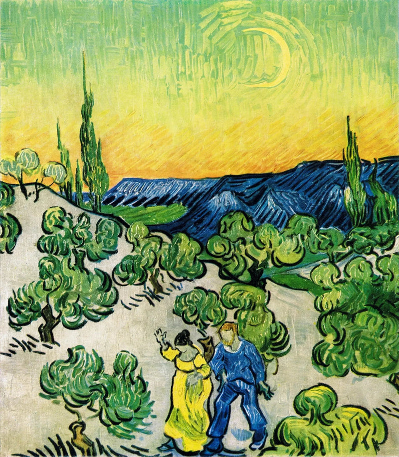 Landschaft mit einem wandernden Paar und einer Mondsichel - Vincent van Gogh