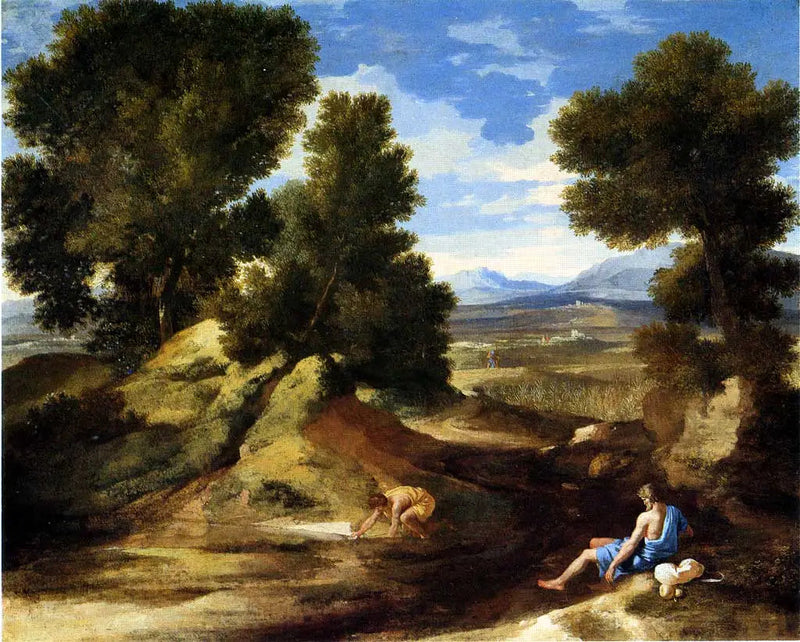 Landschaft mit einem Mann, der trinkt - Nicolas Poussin