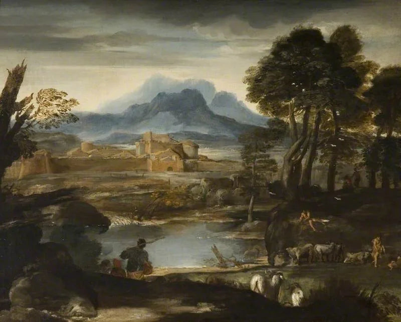 Paysage avec un lac et une ville fortifiée - Pietro da Cortona image 1 reproduction d’œuvre d’art à l’huile