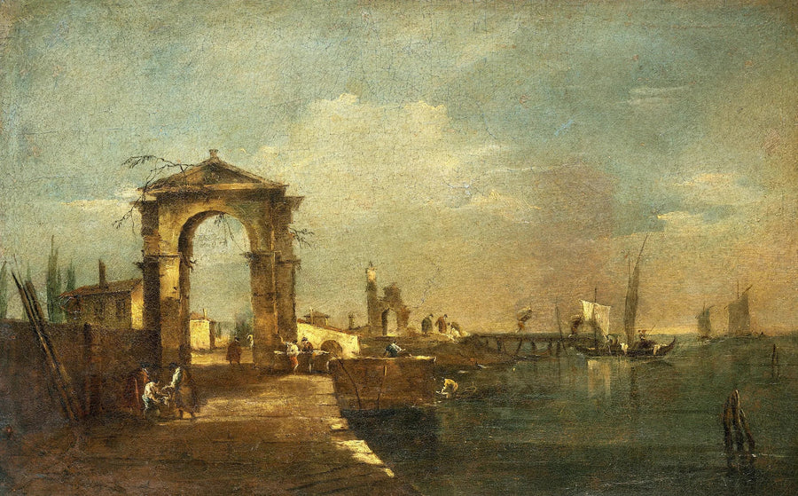 Landschaft mit Kai und Booten auf einem See - Francesco Guardi