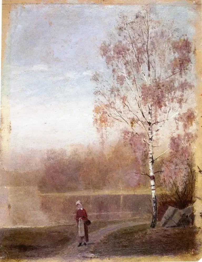 Landschaft mit einer Frau, die am Ufer eines Sees entlanggeht - Edvard Munch