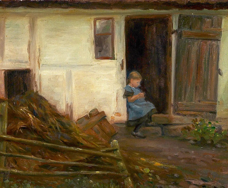 Landschaft mit einem Mädchen in einer Tür. - H. A. Brendekilde