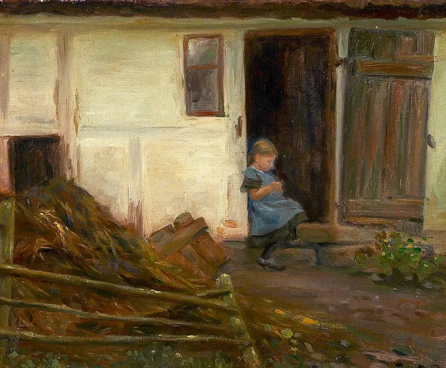 Landschaft mit einem Mädchen in einer Tür. - H. A. Brendekilde