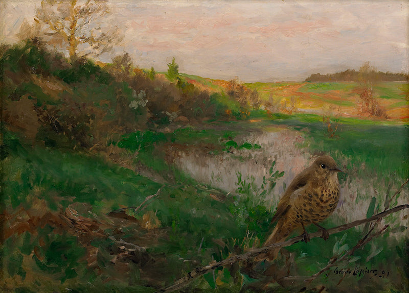 Landschaft mit einer Singdrossel am Wasser - Bruno Liljefors