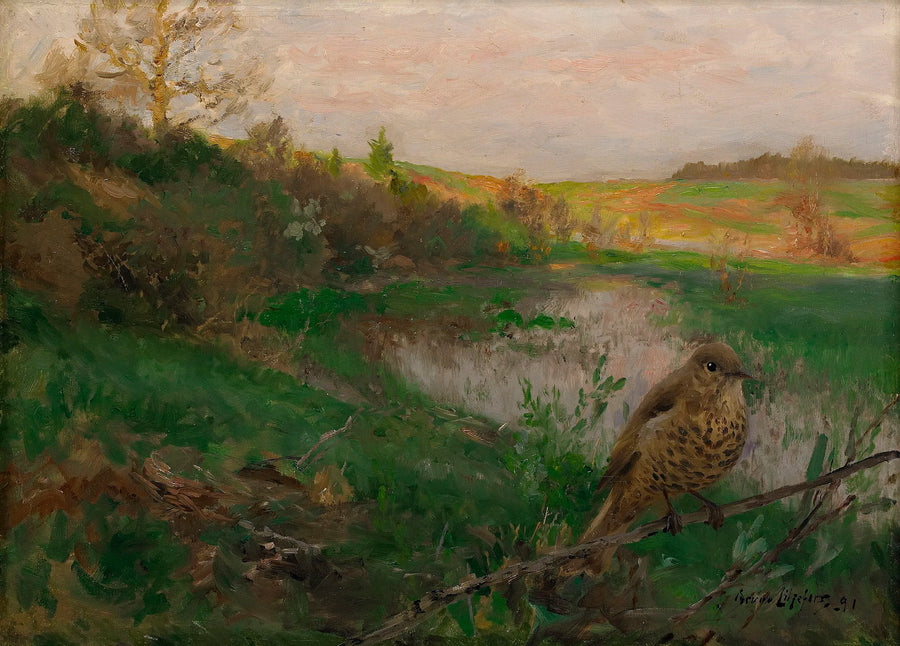 Landschaft mit einer Singdrossel am Wasser - Bruno Liljefors