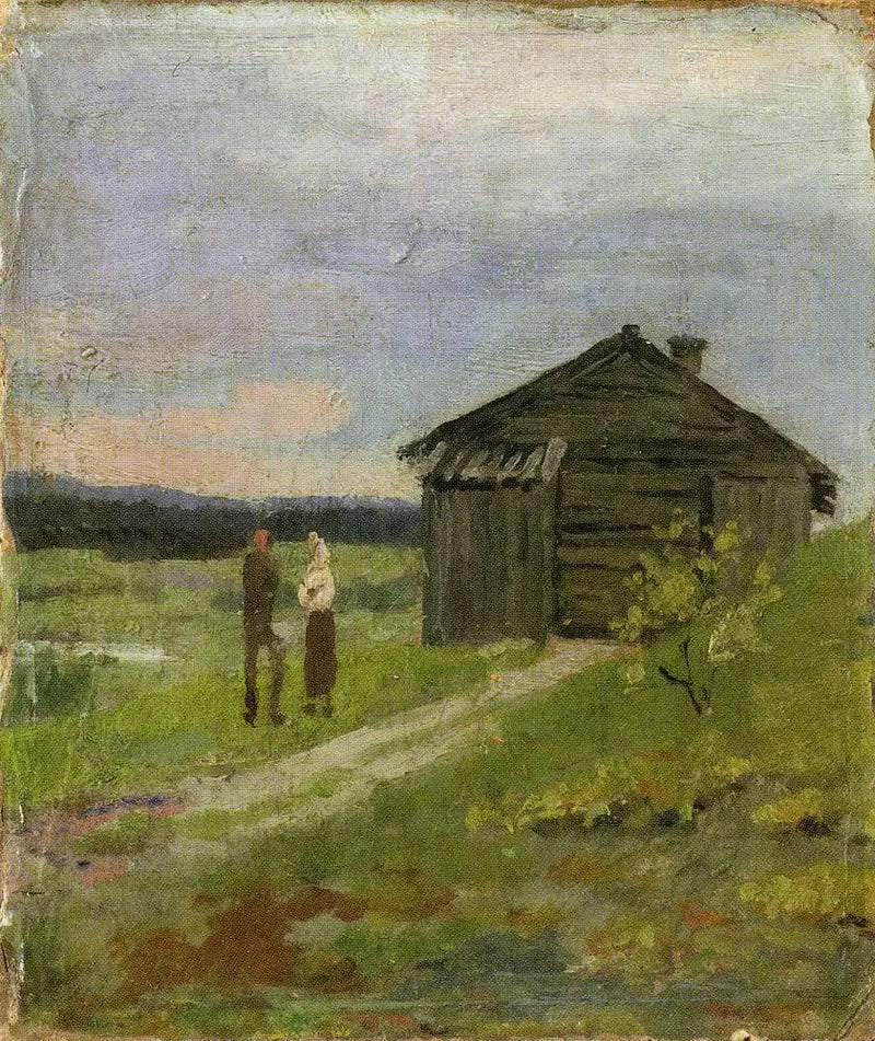 Landschaft mit einem kleinen Haus und zwei Personen - Edvard Munch