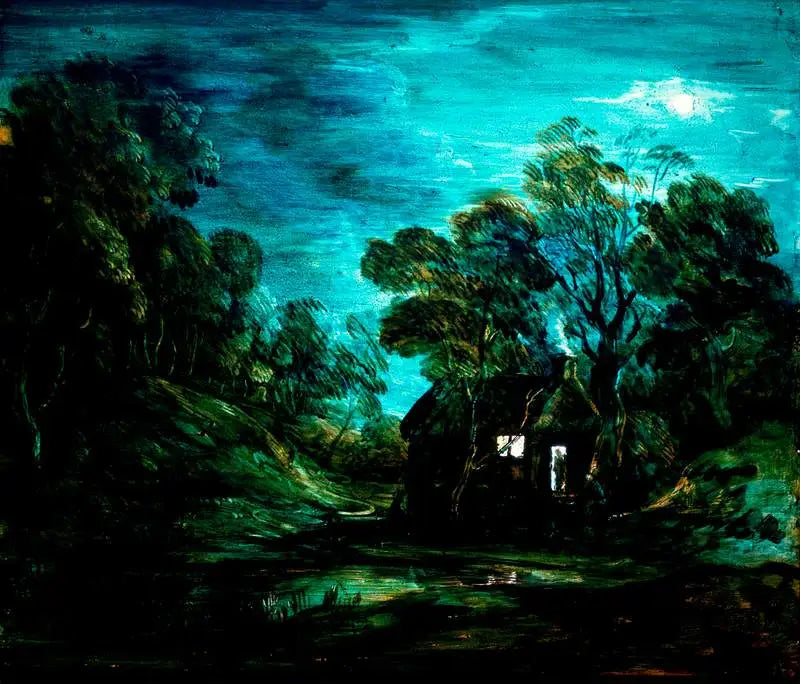Bewaldete Landschaft bei Mondschein mit einem Pool und einer Silhouette an der Tür eines Chalets - Thomas Gainsborough