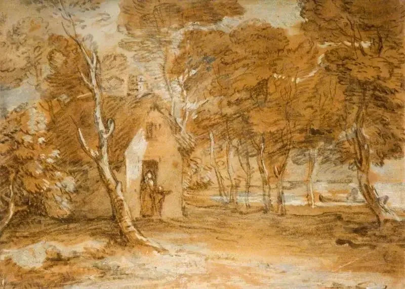 Bewaldete Landschaft mit Chalet, Figuren und Boot auf einem See - Thomas Gainsborough