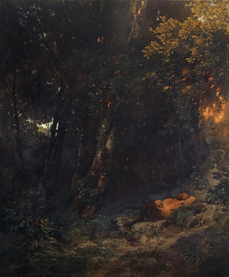 Bewaldete Landschaft mit Pan, der sich ausruht - Arnold Böcklin