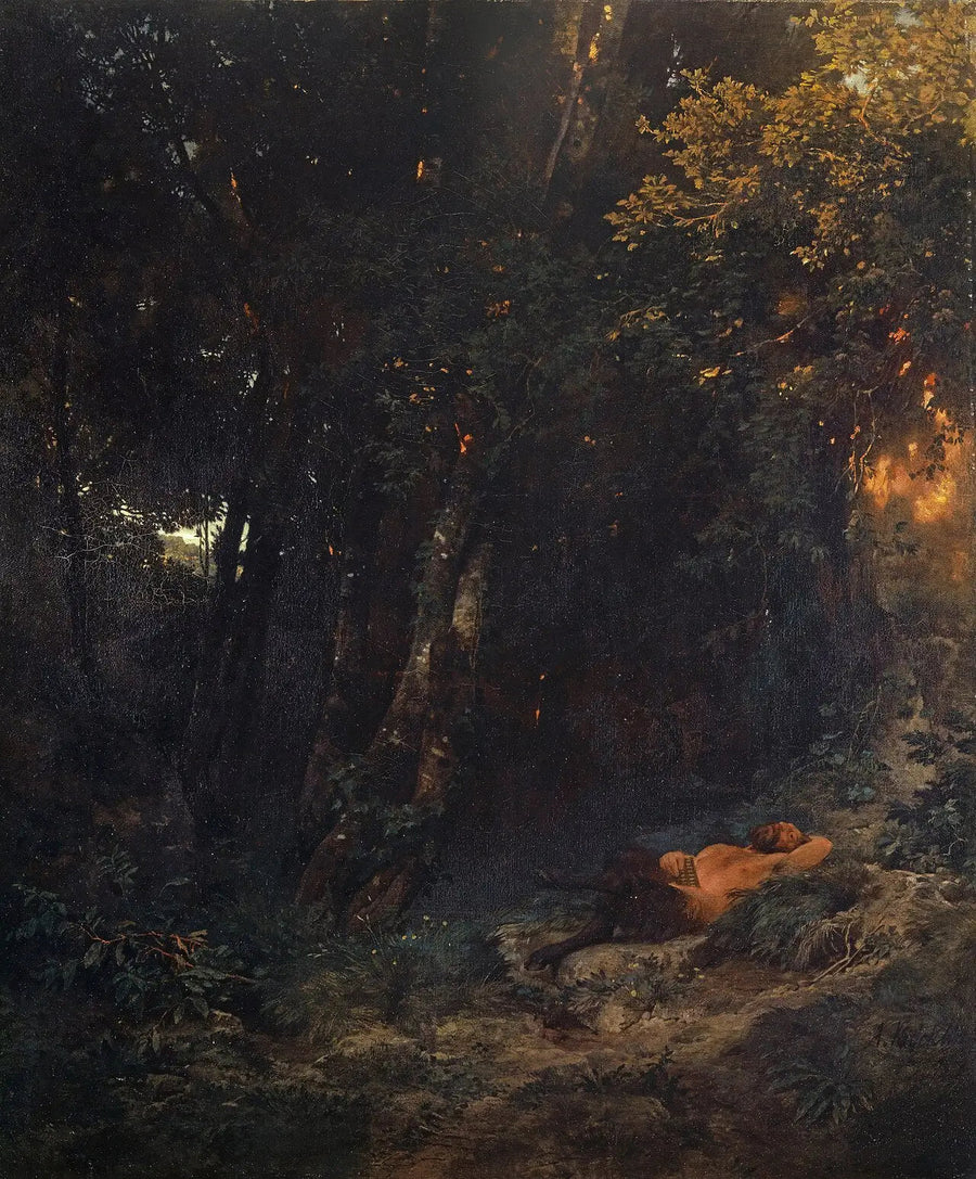 Bewaldete Landschaft mit Pan, der sich ausruht - Arnold Böcklin