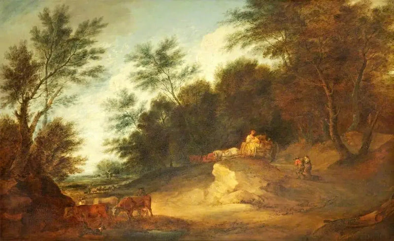 Bewaldete Landschaft mit Figuren in einem Landwagen und Vieh - Thomas Gainsborough