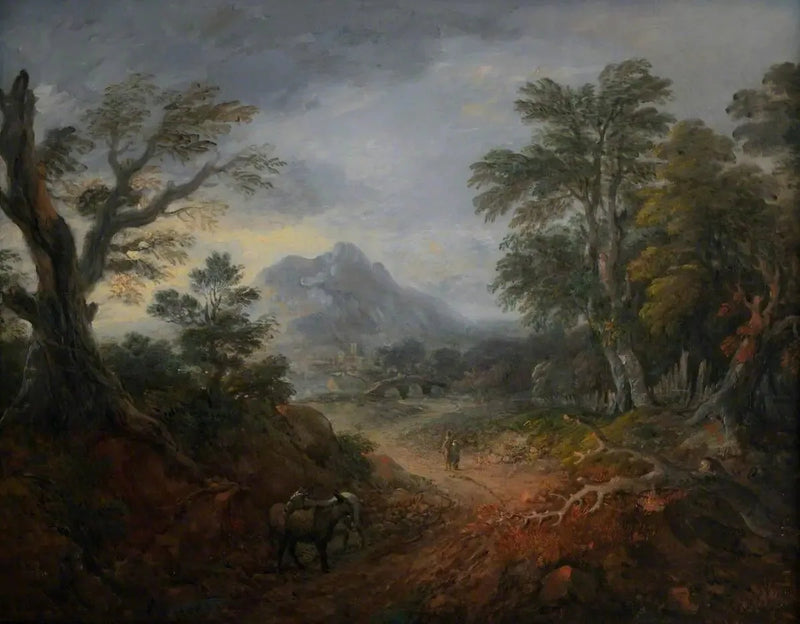 Bewaldete Landschaft mit Figuren, Brücke, Eseln, Gebäuden in der Ferne und Berg - Thomas Gainsborough