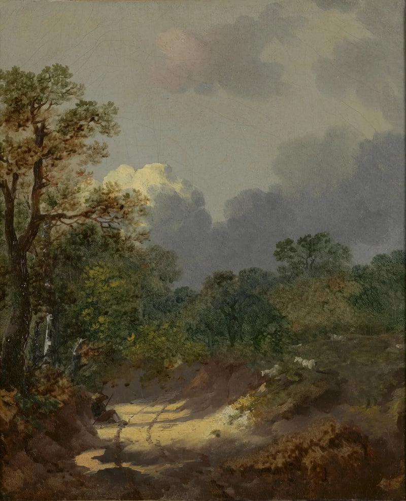 Bewaldete Landschaft mit einem Hirten, der sich auf einer sonnigen Straße ausruht, mit Schafen - Thomas Gainsborough