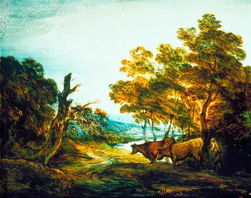 Bewaldete Landschaft mit einem Hirten und zwei Kühen - Thomas Gainsborough