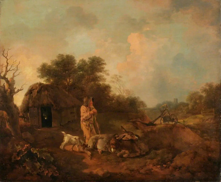 Landschaft mit Bäumen, einem alten Bauern und Eseln außerhalb einer Scheune, einem Pflug und einer Kirche in der Ferne - Thomas Gainsborough